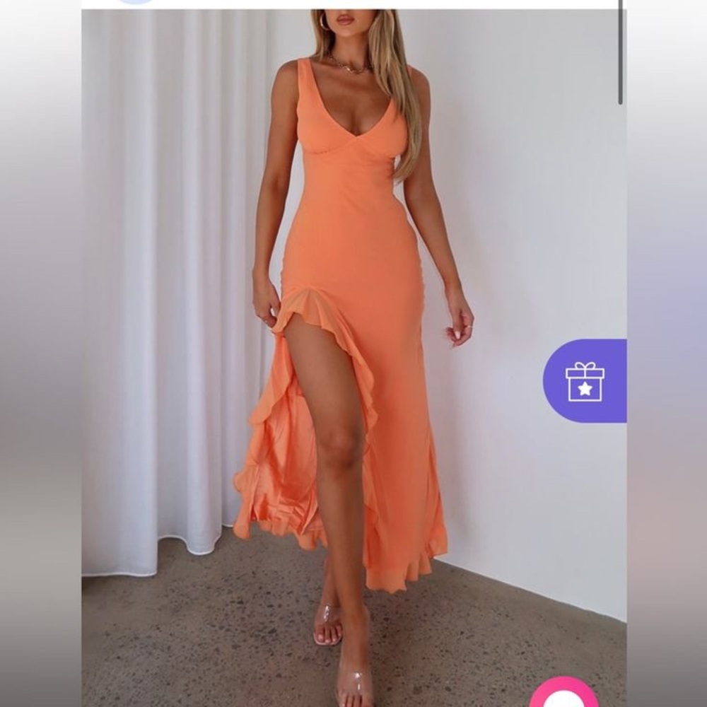 Orange ruffle high slit dress